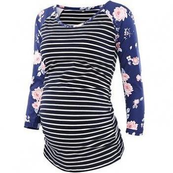 Camiseta Maternidad Estilo Vintage: Rayas y Flores
