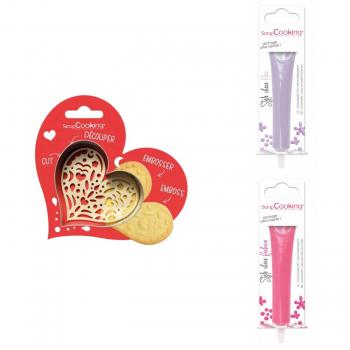 Tagliabiscotti Cuore con 2 Penne di Cioccolato Lilla e Fucsia