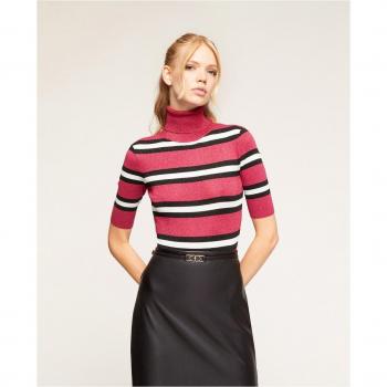 Jersey de lúrex a rayas con cuello de cisne para mujer