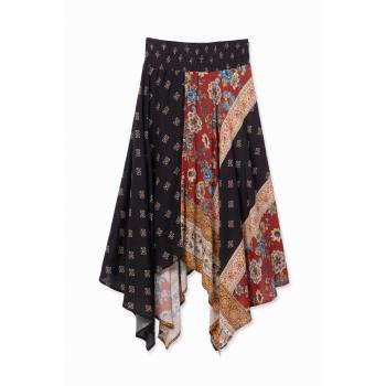 L Falda Viscosa Negra Desigual con Detalle Patch Asimétrico