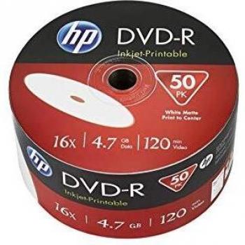 Pack de 50 DVDs‑R HP 4,7 GB 120 min 16x, Impresibles a Inyección