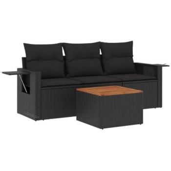 Mobilier de jardin 4 pcs avec coussins noir résine tressée