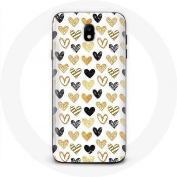 Funda de silicona Samsung Galaxy J3 2017 con diseño de corazones en colores negro, amarillo y gris