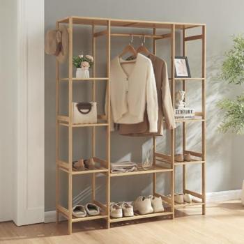 Organizzatore di Guardaroba in Bambù con Barra e Ripiani 165x122x35 cm
