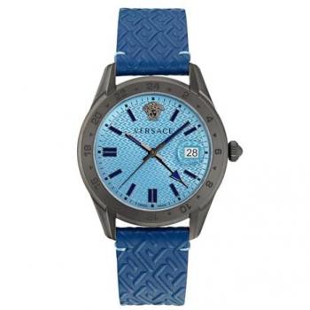 Versace Greca Time GMT Men's Blue Watch with Leather Strap