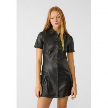 Stradivarius XL Black Pleated Faux Leather Shirt Dress