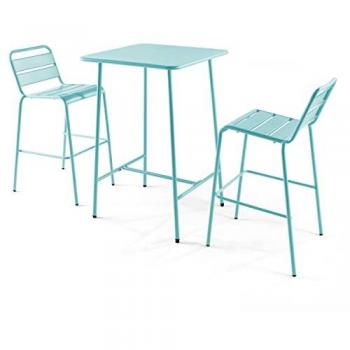 Juego de mesa de bar y 2 taburetes altos de metal turquesa Oviala