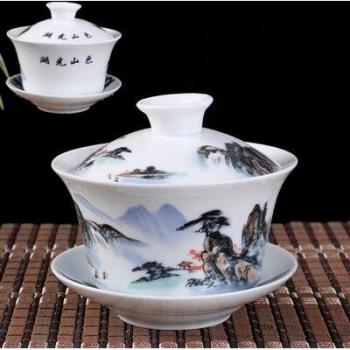 Chinesische Porzellan-Gaiwan, Berg-Fluss-Druck, handgemalt, blau-weiß, mit Terrine und Untertasse