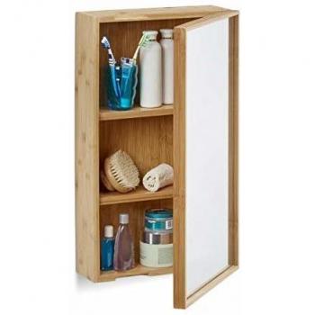 Armadietto da Bagno in Bambù con Specchio, Mobiletto a Parete, 1 Porta, Beige
