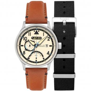 AV‑4101‑0C Hawker Hurricane Dual Time Uhr – Braun‑Beiges Ledergürtel, 44 mm, 5 ATM