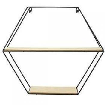 Etagère hexagonale avec cadre en métal et plateau en bois, 46 cm de diamètre