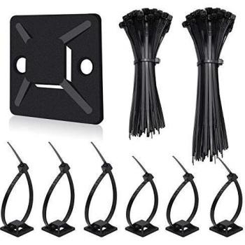 200 Stück Kabelbinder + 100 Stück Selbstklebende Kabelbinder Halter, Kabelclips mit starken Klebepads, Kabelorganizer Set für Zuhause und Büro