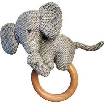 Nattou Beißring aus Holz mit Tembo Kuscheltier, 17 x 15 cm, Grau