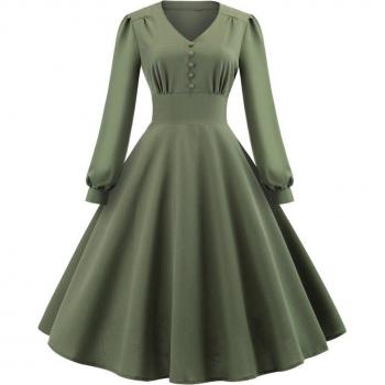 Vestido de Manga Larga con Cuello Pico, Midi, Verde Ejército, para Mujer