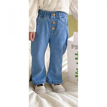 Flared Denim Split Breezy Pants – Girls’ Spring/Autumn Bottoms with Buttons