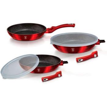 Berlinger Haus Burgundy Juego 3 Sartenes Inducción 20-24-28 cm Aluminio Forjado, Antiadherente Ecológico sin PFOA, Tapas Herméticas, Mangos Desmontables, Diseño