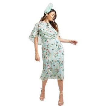 Elegant Sage Ruched Cape Sleeve Midi Gown