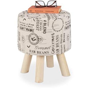 Taburete de Salón Acolchado, Funda de Tela, Patas de Madera, Estampado Café, 38x32 cm, Crema