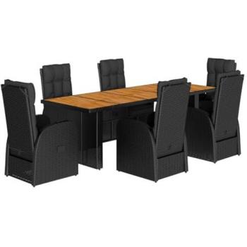 VidaXL 7 Piece Outdoor Dining Set with Cushions Black Poly Rattan