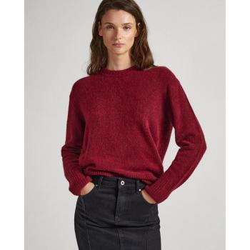 Mujer Denisse: Jersey Jeans Peinado, Corte Cropped, Cuello Redondo en Granate