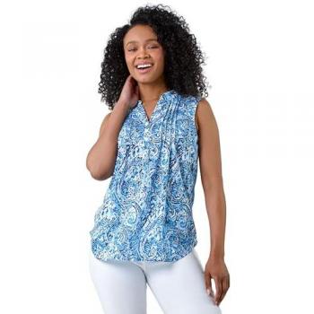 Petite Blue Paisley Pleat Front Button Top