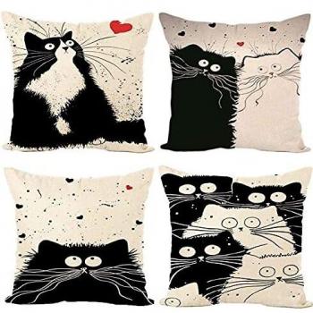 Freeas Cat Patterned Throw Pillow Covers, Cotton and Linen, 18x18