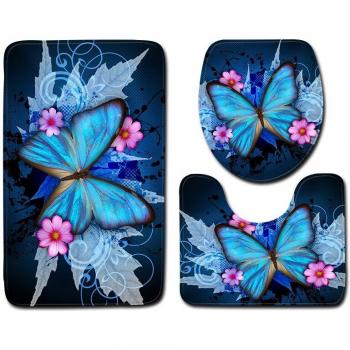 Tapis de sol et de toilettes bleu 3 pièces motif papillon antidérapant