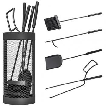 Outsunny 5-teiliges Kaminbesteck Set aus feuerfestem Metall mit Besen, Schaufel, Zange, Schürhaken und Korb in Schwarz