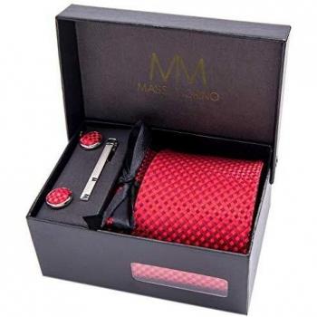 Rotkariertes Hochzeits‑Set: Krawatte, Einstecktuch + Accessoires in Geschenkbox