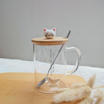 Taza de cristal con asa y tapa para gatos