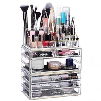 Transparent/Golden Acrylic Cosmetic Tower with 6 Drawers and 22 Compartments