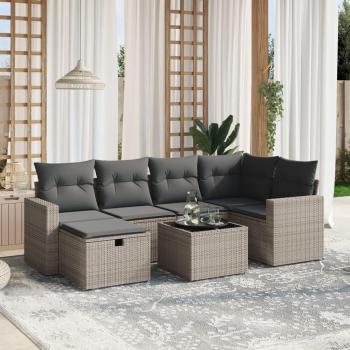 Conjunto de sofás de jardín 7 piezas con cojines ratán gris