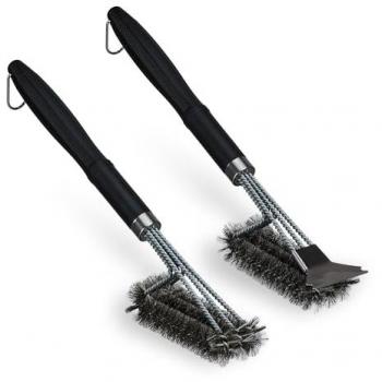 Brosse barbecue triple en lot de 2 Relaxdays, grattoir, acier inoxydable, noire