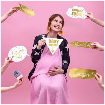 Pack photobooth baby shower en or et blanc 6 pièces