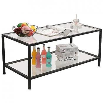 Couchtisch Glasgow Schwarz Metall mit Glasoberfläche und Ablagefach 100x50x45cm