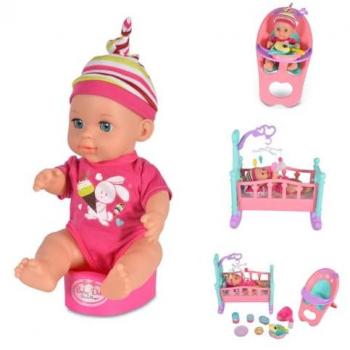 Moni Spielpuppe 31 cm 8291 mit Hochstuhl Bett Mobile Töpfchen Trinkflasche rosa