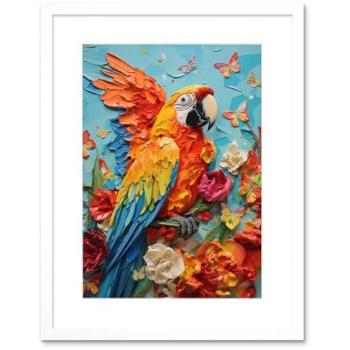 Colorful Macaw & Butterfly Scene – 9x7 Heavy Oil Paint on Canvas, White Frame