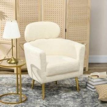 HOMCOM Butaca de Salón Sillón Individual Tapizado en Felpa de Peluche con Reposacabezas y Patas de Metal