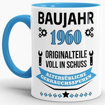 Hochwertiger 1960‑Jahr Tassenprint – Hellblau & Kaffee
