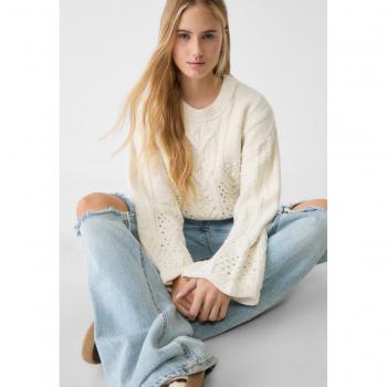Stradivarius Damenpullover, Steingrauer Loch‑ und Flechtdesign, S
