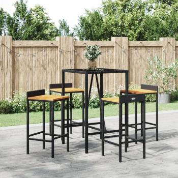 Conjunto de mesa bar y taburetes 5 piezas madera acacia y ratán PE negro