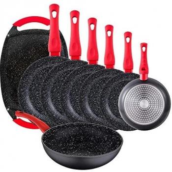 San Ignacio 8 piezas: Set de 6 sartenes Energy Ø18/20/22/24/26/28 cm + 1 sartén wok Ø26 cm + 1 plancha grill 37x25 cm, aluminio forjado, negro
