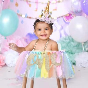 Rainbow Theme High Chair Tutu for Baby's First Birthday
