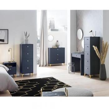 7-teiliges Schlafzimmer Set ALBENGA-80 in Blau mit goldenen Griffen und Füßen