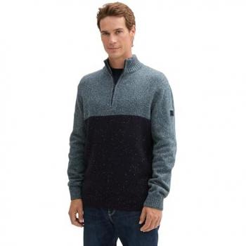 TOM TAILOR Herren Troyer Pullover Strukturmix Blau Melange Größe L