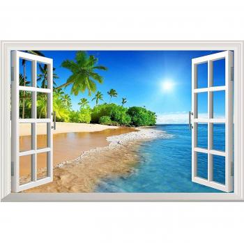 3D Summer Sunshine Beach Nature Faux Window Frame Wall Art Stickers