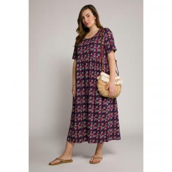 Vestito di Cotone Blu a Mezze Maniche con Motivo Hawaiano – Ulla Popken