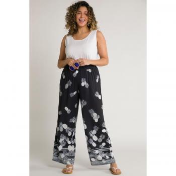 Women’s Plus Size Black Pineapple Border Print Palazzo Pants, Size 16/18, Viscose