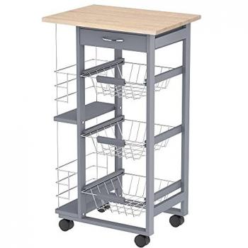 Homcom Desserte de cuisine 3 paniers métal tiroir 2 range-bouteilles bois pin Gris 47x83x37cm