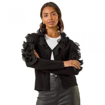 Roman Women's Black Ruffle Contrast Cardigan, Size 14